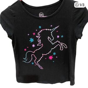 Wonder Nation black unicorn short sleeve crop top sz 10/12